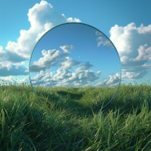 round mirror in a grassy field with clouds in the background, in the style of ph...