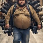 Full body photography of a professional fat photographer on street crammed with ...