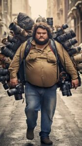 Full body photography of a professional fat photographer on street crammed with ...