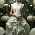 A classical woman wearing a lotus leaf dress and holding lotus flowers in a styl...