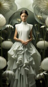 A classical woman wearing a lotus leaf dress and holding lotus flowers in a styl...