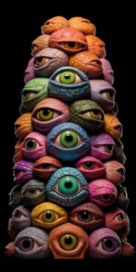 A stack of colorful eyes on a black background, in the style of sculpted forms, ...
