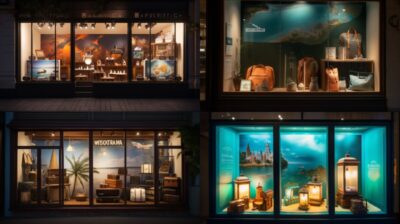 A travel agency window display presenting three vacation packages, with one deco...