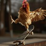 skateboarding action chicken. In the middle of a kickflip over a landing --ar 11...