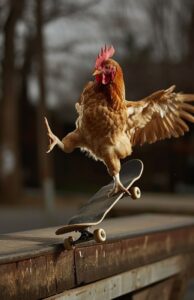 skateboarding action chicken. In the middle of a kickflip over a landing --ar 11...