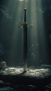 The sword of the Spirit, a double-edged sword resting on a stone altar, with a f...