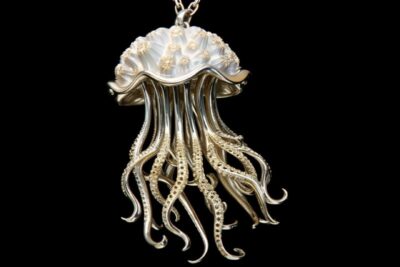 Dancing jellyfish pendant with chain, white gold and 925 sterling silver only, V...