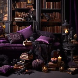 Set up a cozy library scene with stacks of spellbooks and potions. Use deep, ric...