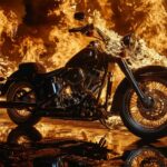 A Harley Davidson parked in front of a fire, with flames casting dynamic shadows...