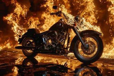 A Harley Davidson parked in front of a fire, with flames casting dynamic shadows...