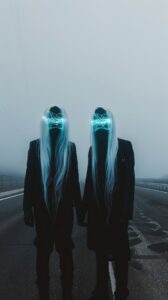 two people in black suits, one with long white hair and futuristic mask on face ...