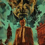 Karoly Grosz style movie poster with looming wich in background and scared Chica...