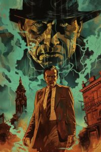 Karoly Grosz style movie poster with looming wich in background and scared Chica...