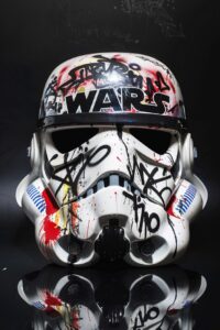 stormtrooper mask made with wildstyle graffiti on a clean black background. The ...