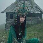 Mystical photo of a woman in abandoned wooden hut on grass hill in the mountains...