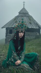 Mystical photo of a woman in abandoned wooden hut on grass hill in the mountains...