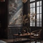 A large room with chinese interior decor, in the style of dark gray and light br...