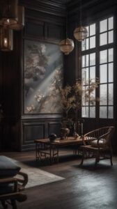 A large room with chinese interior decor, in the style of dark gray and light br...