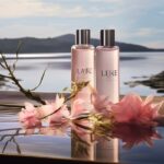a bottle of lipas for la srene featuring natural flowers sitting on a table, in ...
