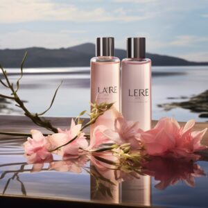 a bottle of lipas for la srene featuring natural flowers sitting on a table, in ...