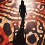 High angle photograph of a small silhouetted figure walking across a floor paint...