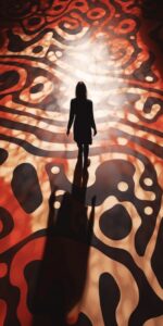 High angle photograph of a small silhouetted figure walking across a floor paint...