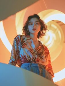 Low camera angle shot, half-length portrait, warm and cold tones，super impact An...