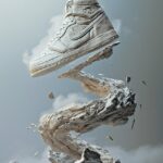 an extreme close-up photo of a floating sneaker surrounded by a tornado made of ...