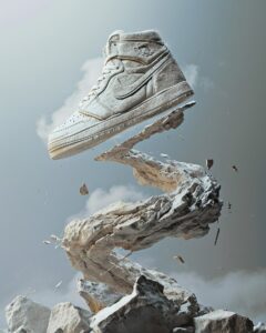 an extreme close-up photo of a floating sneaker surrounded by a tornado made of ...