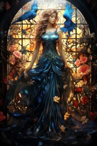Style of Church windows, leaded glass, stained glass, woman angel, queen with cr...