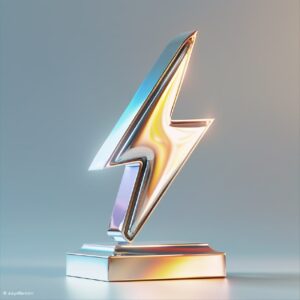Lightning shaped minimalist and modern silver Award, elegant display. Represents...
