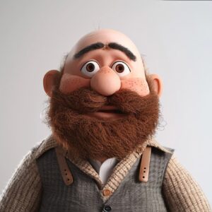 Happy 45 YEAR OLD BALD WHITE MAN WITH BEARD as a muppet style plush cloth style,...