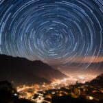 The star trails over the mountain, in the style of the stars art group( xing xin...