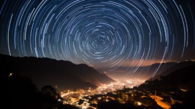 The star trails over the mountain, in the style of the stars art group( xing xin...
