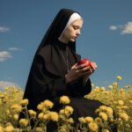 A nun wearing shiny black clothing eating a red apple while sitting in a. Field ...