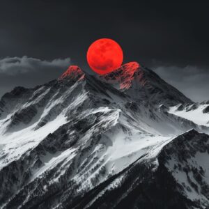 Snowy mountains surrounded by symmetry, in the center is a black and red two sun...