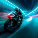 A MotoGP rider speeding down a neon-lit road, with trails of bright blue and gre...