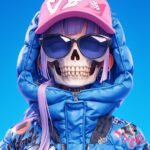 nft smiling skull girl character wearing oversize puffy jacket with stickers, cl...