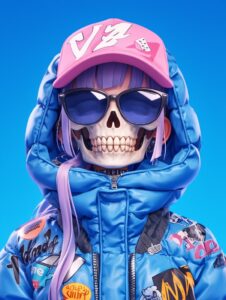 nft smiling skull girl character wearing oversize puffy jacket with stickers, cl...