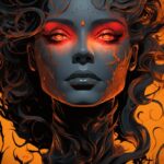 Monotone illustration of face with orange eyes ::1 Water, drops, wet ::-0.5 --s ...