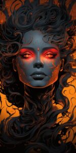 Monotone illustration of face with orange eyes ::1 Water, drops, wet ::-0.5 --s ...