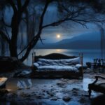 A camp bed is seen in the distance, in the style of tony oursler, dark navy and ...