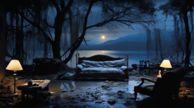 A camp bed is seen in the distance, in the style of tony oursler, dark navy and ...