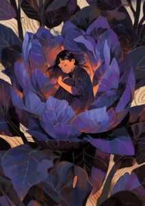 a girl is inside a flower with purple leaves behind, in the style of darkly roma...