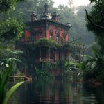 photo of a tall, thin victorian mansion in the middle of the jungle. French styl...