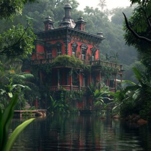 photo of a tall, thin victorian mansion in the middle of the jungle. French styl...