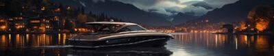 Photorealistic image of a boat. The boat is a Bayliner boat of about 40 foot lon...