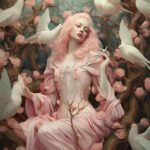 A white and pink woman inside a large green forest, in the style of bella kotak,...
