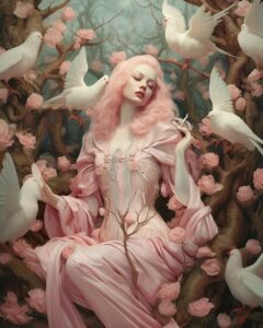 A white and pink woman inside a large green forest, in the style of bella kotak,...