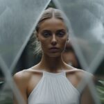 Optical illusion: surreal: garden: closeup of beautiful woman in white gown hidi...